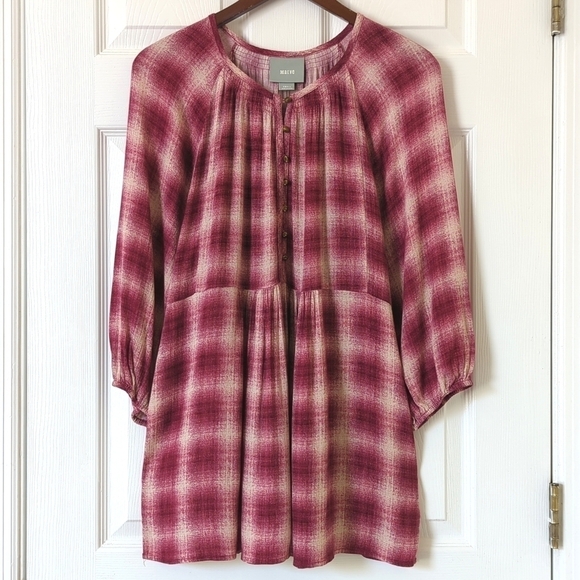 Maeve Calavan Plaid Oversized Three Quarter Sleeve Button Up Peplum Blouse Pink - Picture 1 of 15
